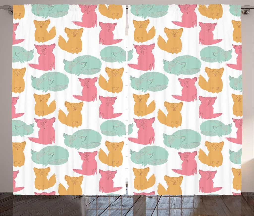 Rideau Chaton graphique rose et vert, 280x225 cm, système d'attache pro