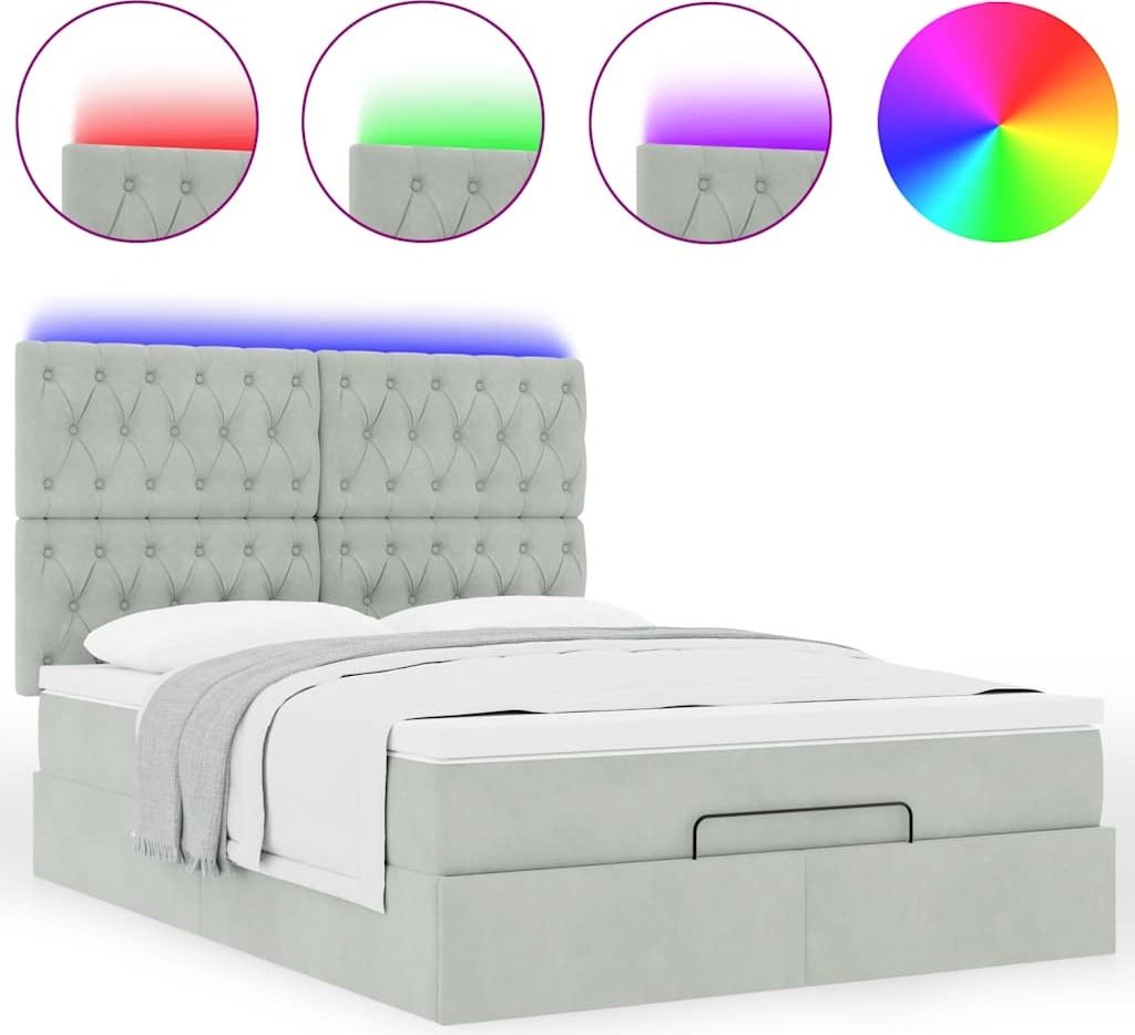 "2026 MODERNE"Ottoman-Bett/bettgestell - inkl. Lattenrost - Doppelbett - mit Matratzen & LEDs Hellgrau 140x200 cm Samt - Polsterbett Klassische Bet...