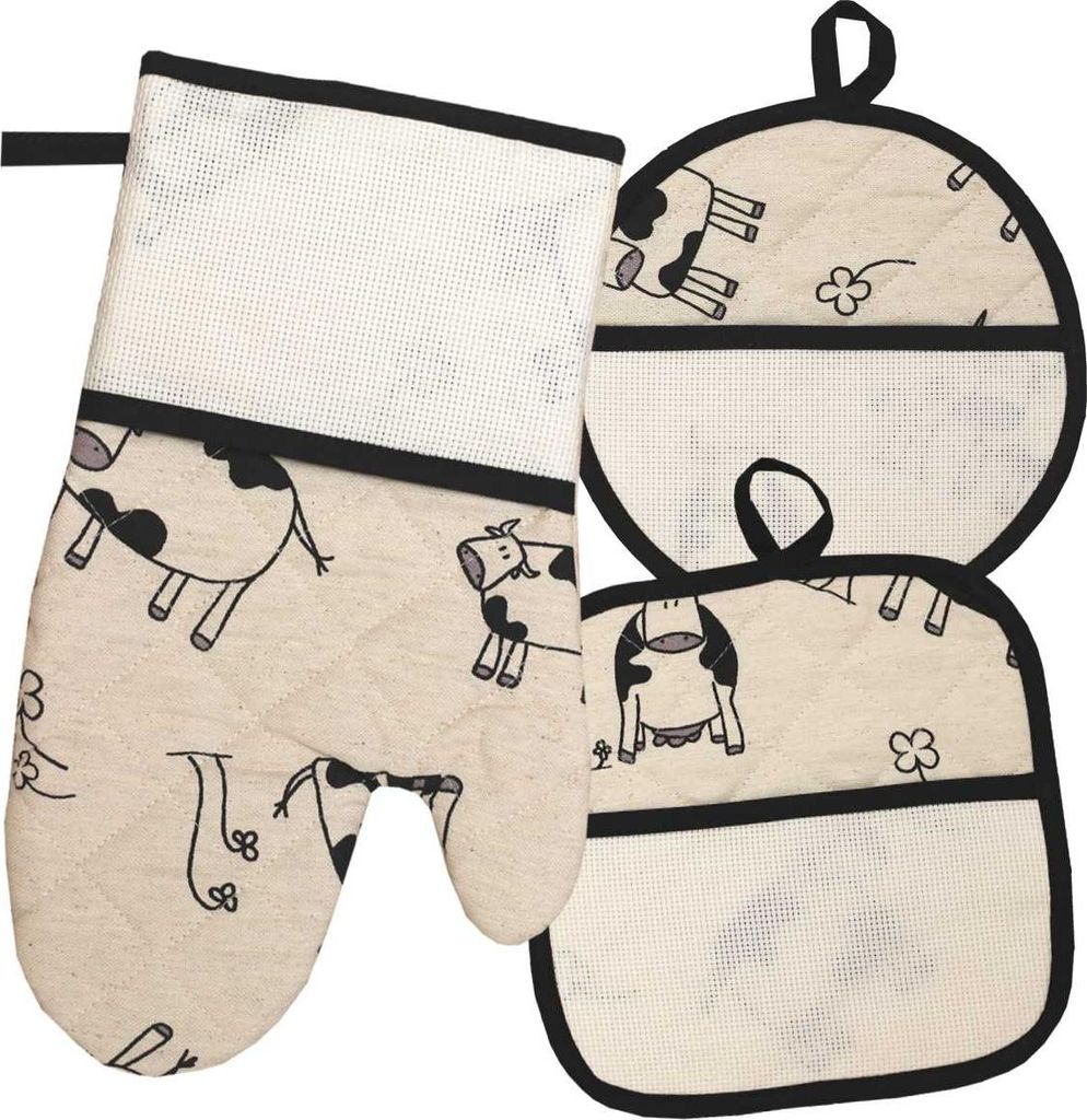 Hobbymio.it - Guantone da Forno Set mit 2 Topflappen zum Kreuzstich sticken, Aida Tuch 55, Kuhmotiv, Farbe Creme und Schwarz, Kreatives DIY Küchen...