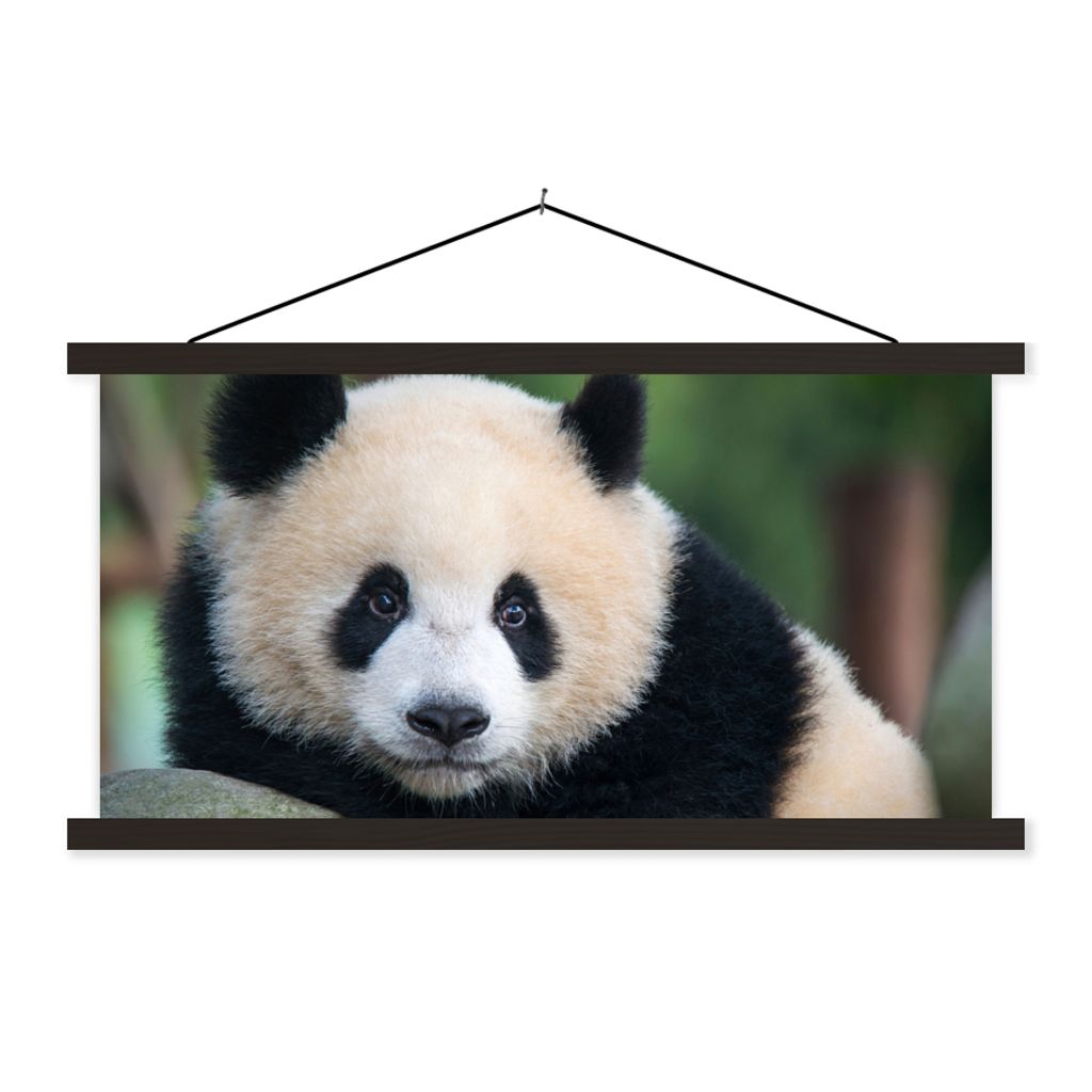 MuchoWow Textilposter Panda - Wildtiere - Porträt - Stein 90x45 cm mit schwarzem Rahmen - Klemmleisten