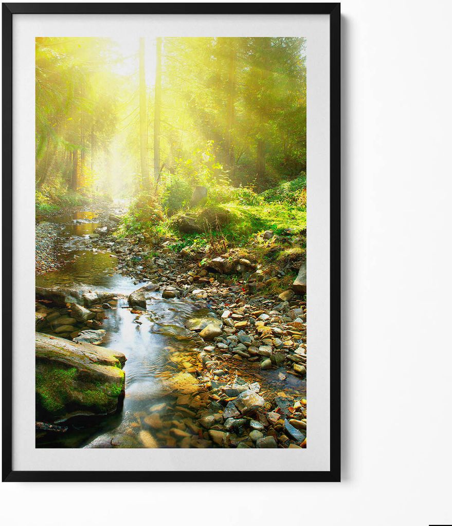 Waldbach im Sonnenschein– Wandbild mit Rahmen – Gerahmtes Bild – Wanddekoration – 70x100 cm – Schwarz Rahmen