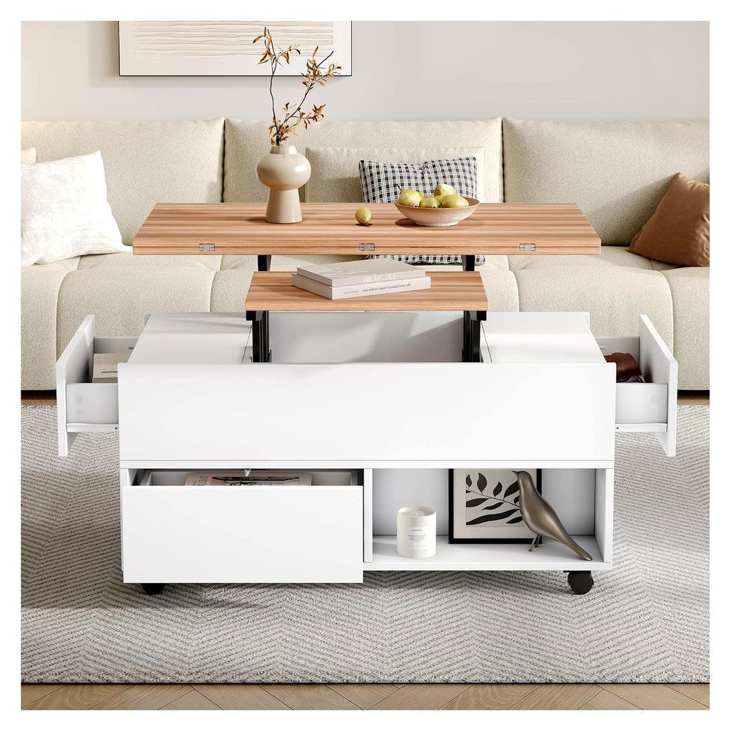 Couchtisch mit 4 Rollen, multifunktionaler Wohnzimmertisch mit 4 Schubladen, anhebbarer Kaffeetisch, höhenverstellbarer Sofatisch, Beistelltisch u...