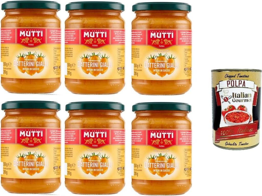 Mutti Pomodori Datterini Gialli Interi in Succo Ganze gelbe Datterini-Tomaten in Saft 6x .350Gr+ Italian Gourmet polpa 400g