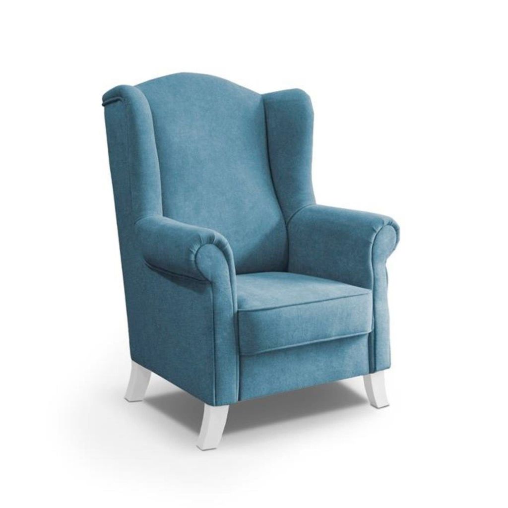 Ohrensessel LEONARDO Relax Sessel für Wohnzimmer, Polstersessel, Velours Blau, Holzbeine Weiß