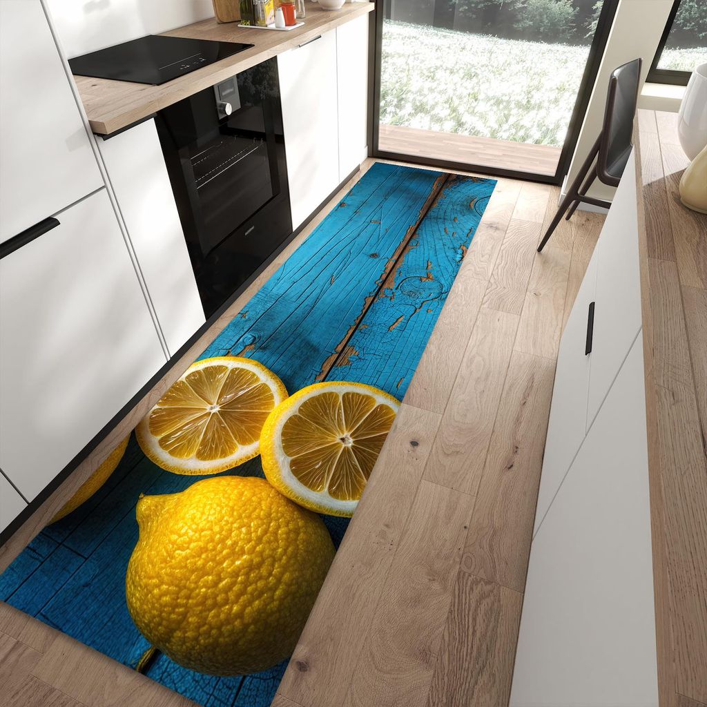 Küchenteppich 80x300cm rutschfest & abwischbar PVC Läufer - Zitronen auf Holz