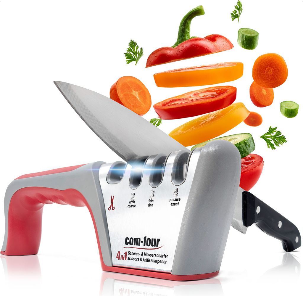 COM-FOUR Premium Messerschärfer mit 4 Stufen, auch für Scheren geeignet - Profi Messerschleifer manuell mit praktischen Griff und Anti-Rutsch B...