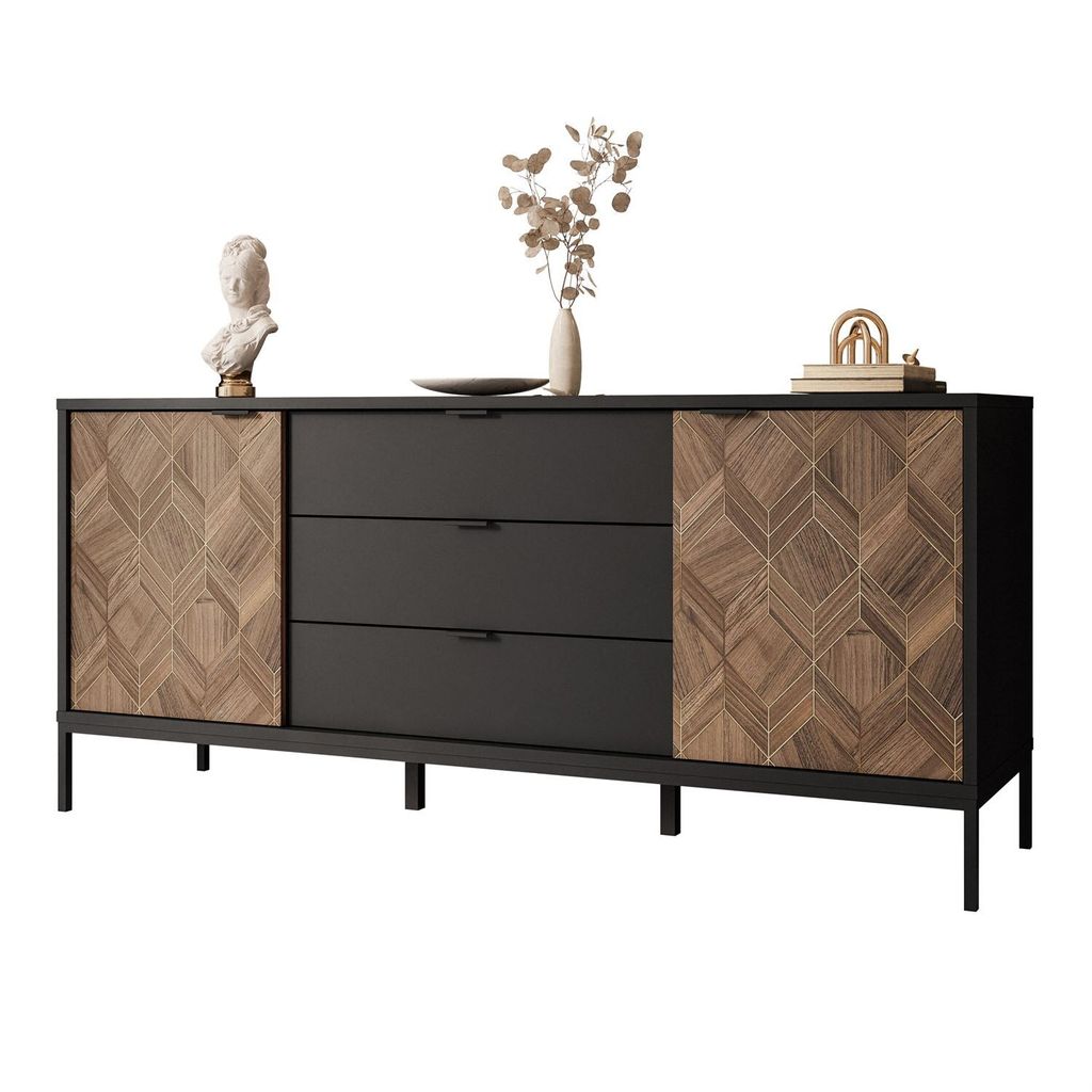 A black and wood sideboard with decorative elements on top.