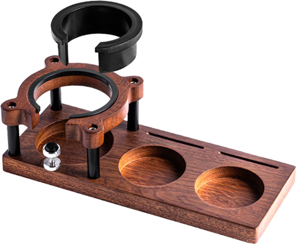 A wooden organizer station for espresso coffee tools.