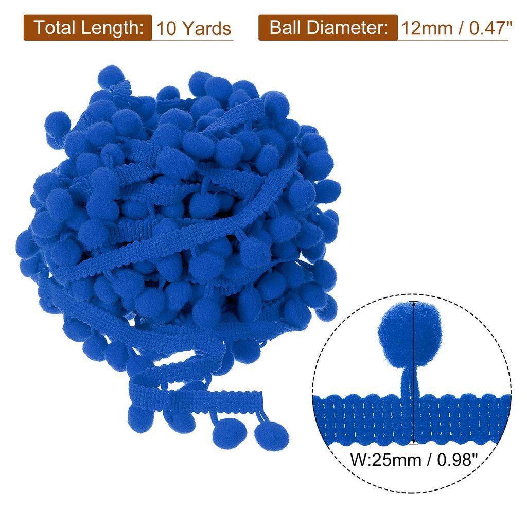10 Yards Pom Pom Ball Fringe Trim, Ribbon Sewing Accessory DIY Crafts for Home Curtain Clothes Pillow Decoration (12mm, Blue)