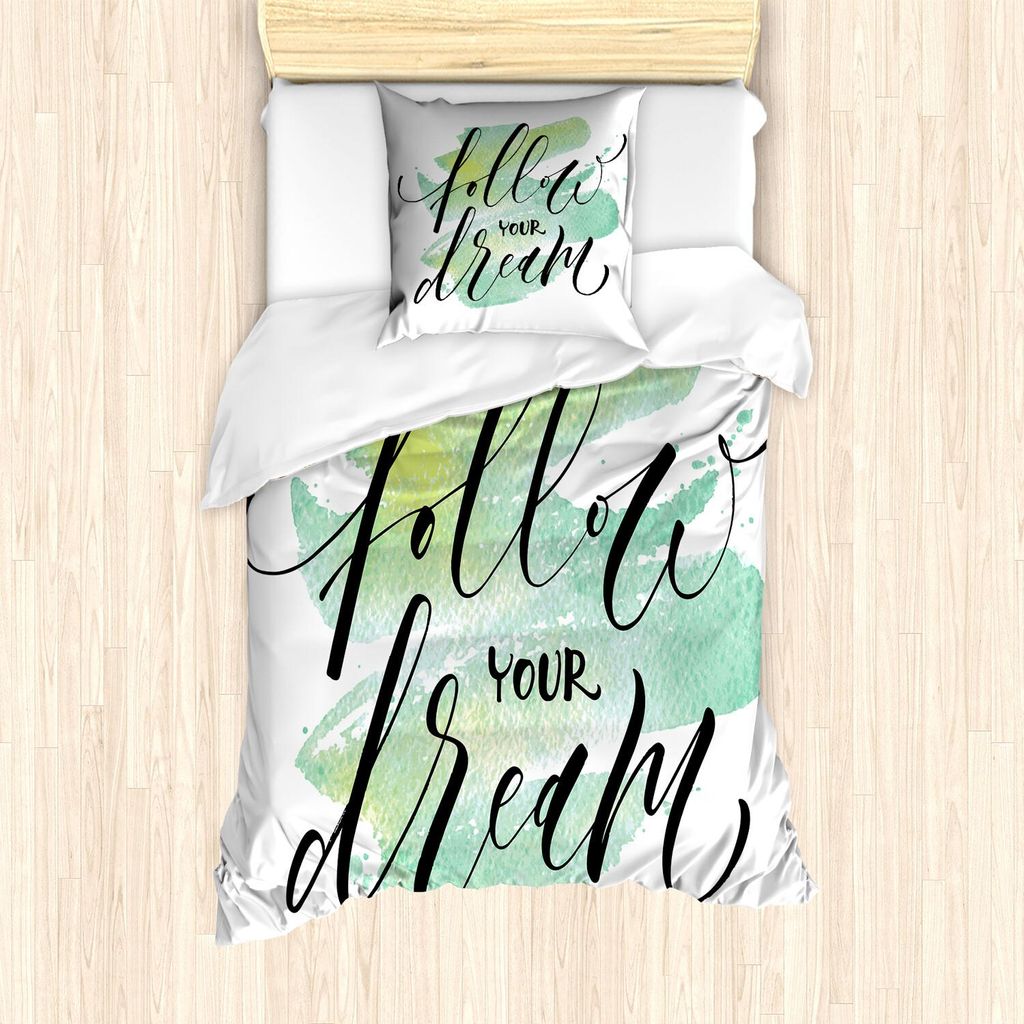 ABAKUHAUS Traum Bettbezug Set, Calligraphic Text auf Kräftiges Grün Brush Stroke Aquarell-Hintergrund, 135 x 200 cm + 80 x 80 cm, Sea Green Schwarz