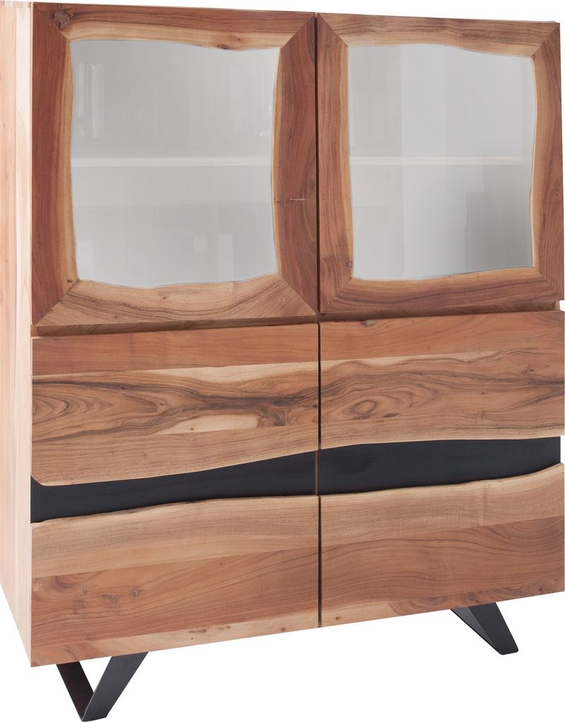 Massives Highboard AMAZONAS 140cm Akazie Metall Vitrine Baumkante Standschrank Mehrzweckschrank Kommode Anrichte