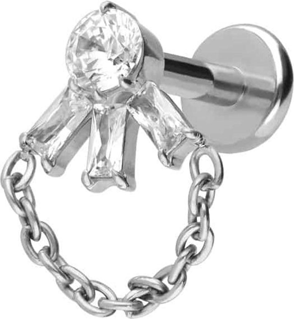 Ohrpiercing, Nasenpiercing Titan Labret mit Push Fit LOTUSBLÜTE + KETTE Silber Stablänge: 7mm | Stabstärke: 1,2mm