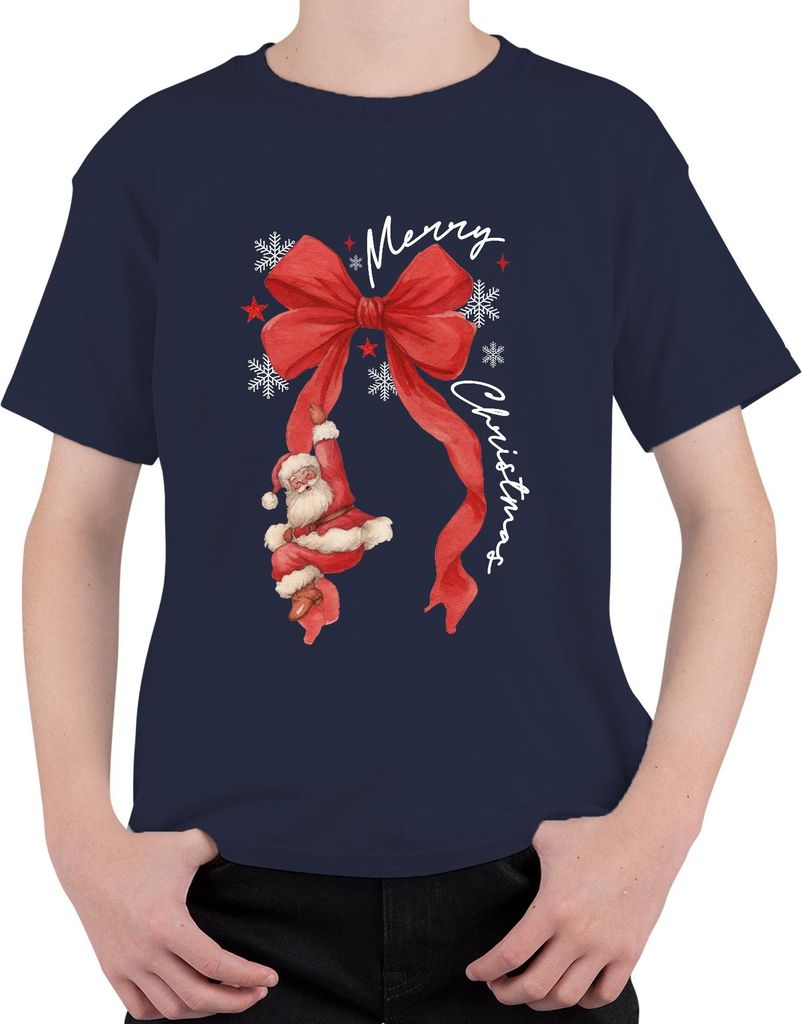 Merry Christmas Weihnachtsmann rote Schleife Schneeflocken Uni Kinder T-Shirt, Navy, 116