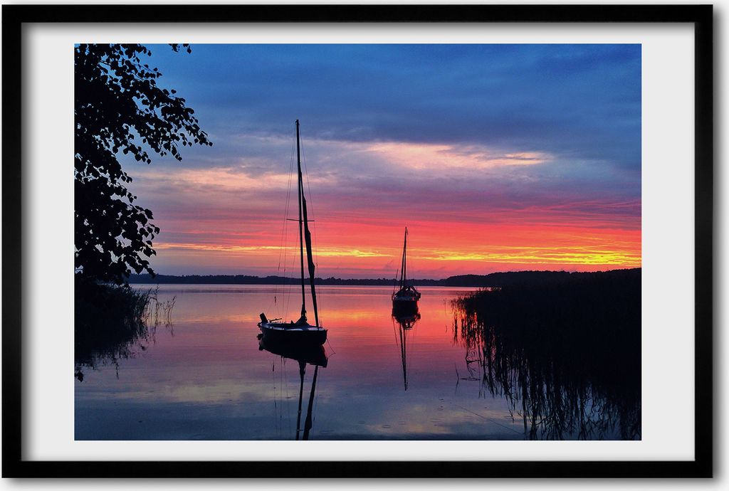 Bild 60x40 MDF-Rahmen, Wandkunst Segelboote bei Sonnenuntergang