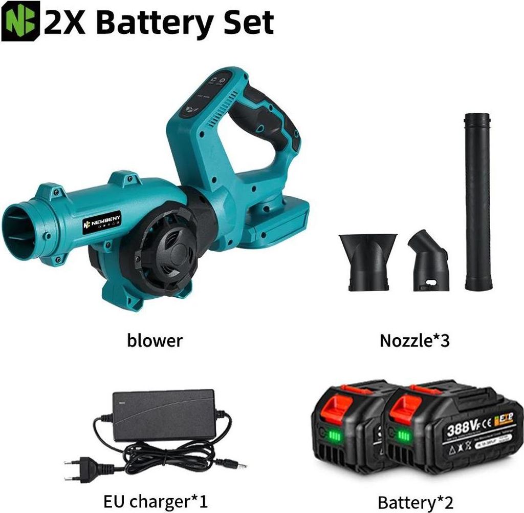 Akkubetriebener Laubbläser - Zentrifugal-Gebläse - Motor 2000W 18V - 3 Stufen - 270° Verstellbarer Griff - Max 350 km/h - 2 Akkus inklusive - Or...
