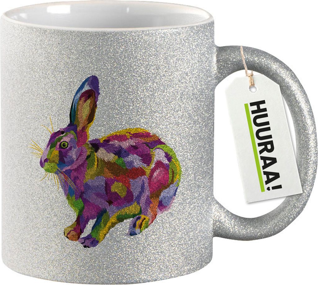 Huuraa Glitzertasse Hase Colorful 330ml Silber Keramik Kaffeebecher Geschenkidee