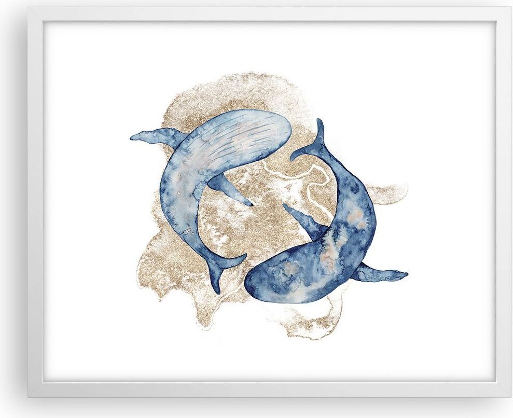 Gerahmtes Poster - Weißer Rahmen - Wal Aquarell Gold - 50x40 cm - Wand Bild - Wanddeko - Wandbilder - Kunstposter - Wandposter - Bilderrahmen - Bi...
