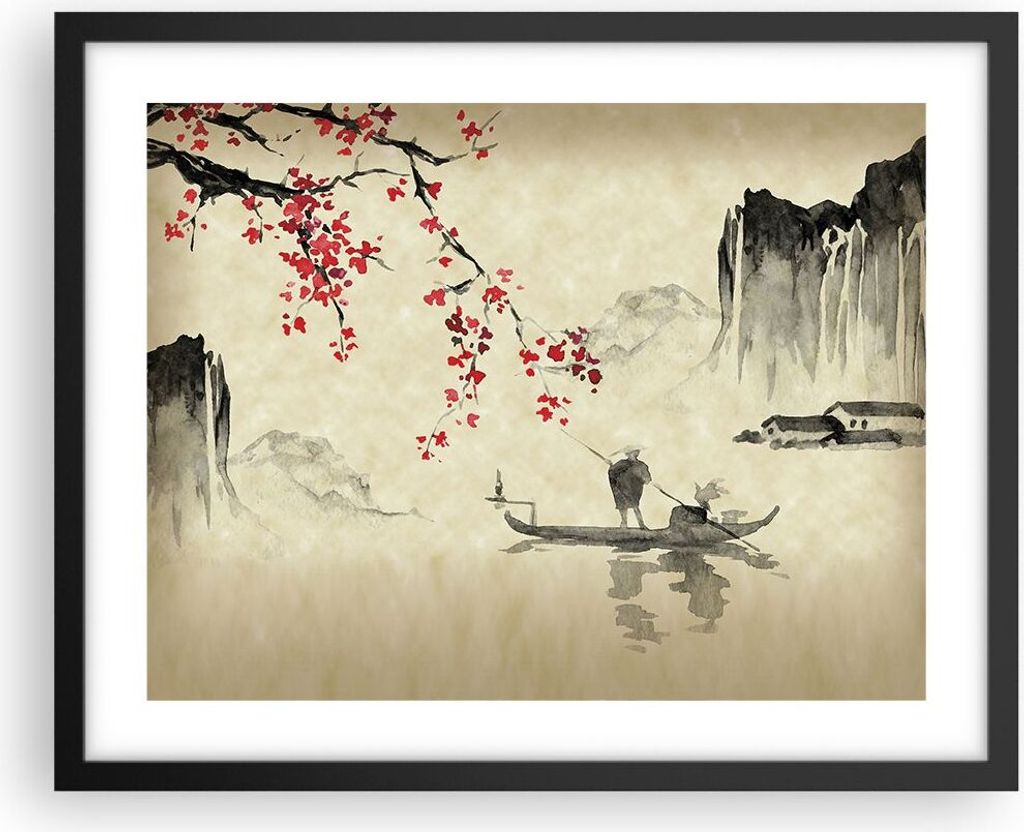Gerahmtes Poster - Schwarzer Rahmen - Blume Kirschen Japan - 50x40 cm - Wand Bild - Wanddeko - Wandbilder - Kunstposter - Wandposter - Bilderrahmen...