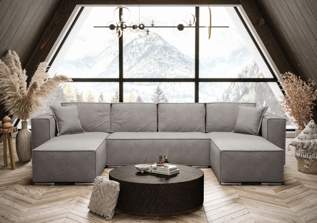 AX LIVING Grau Ecksofa U-Form mit Schlaffunktion Vinoria 327 cm