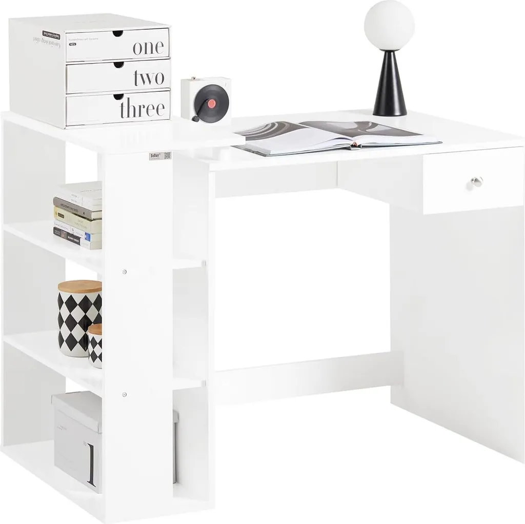SoBuy Bureau Informatique Blanc avec 3 Étagères et Tiroir de Rangement