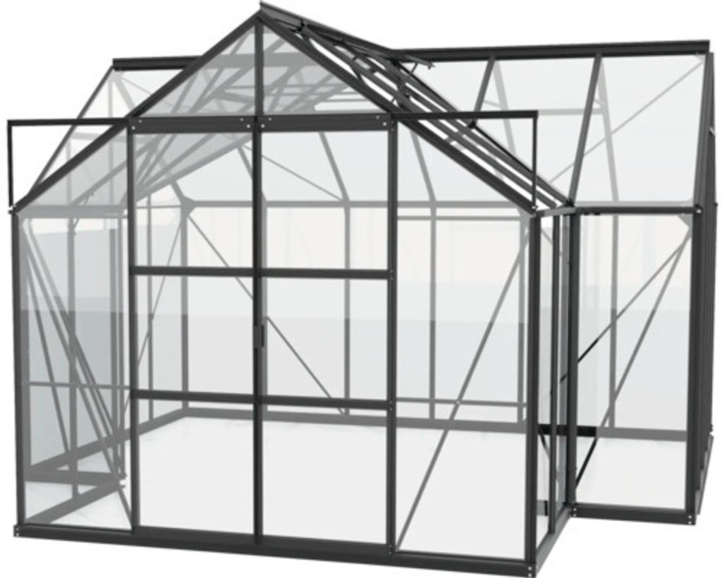 A 3D rendering of a black framed greenhouse with glass panels.