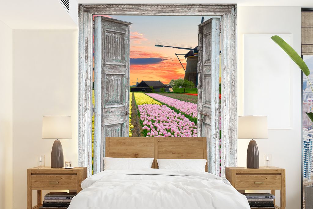 MuchoWow Fototapete für Wohnzimmer oder Schlafzimmer Wandtapete Vinyl Motivtapete Ausblick - Tulpen - Mühle - Abend - 160x220 cm - Bildschirmhi...