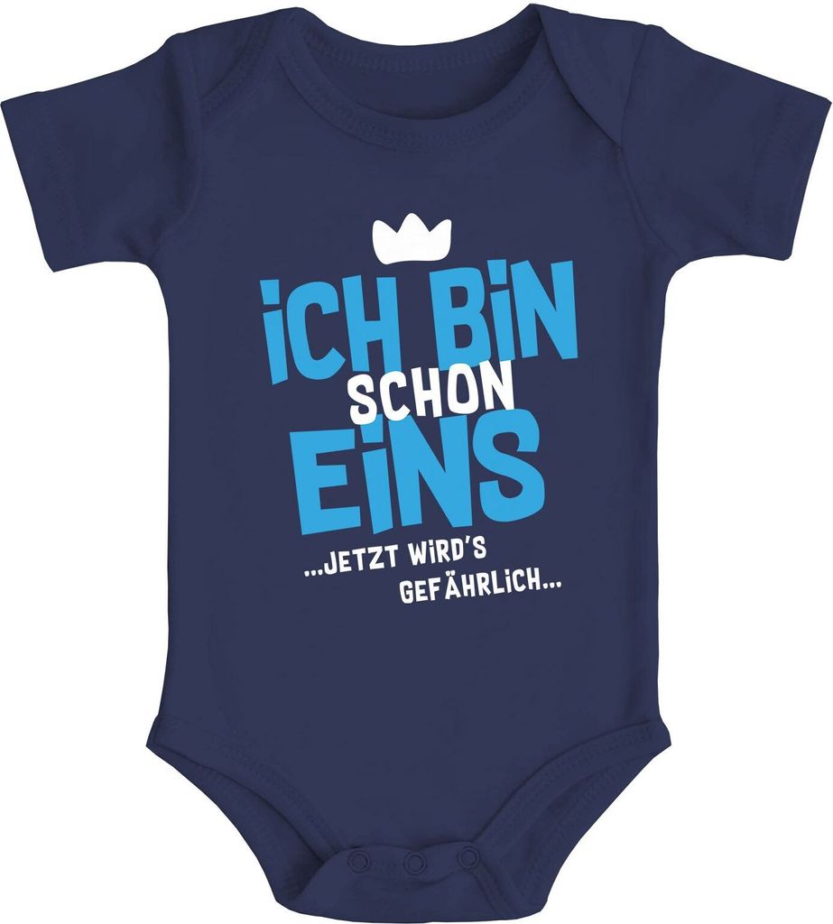 Babybody erster Geburtstag lustiger Spruch Ich bin schon 1 jetzt wird's gefährlich kurzarm Body Baumwolle Moonworks navy-blau 12-18 Monate