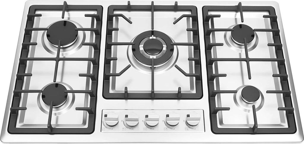 Gaskochfeld - 5-Flammen - Einbau - Edelstahl - Elektrische Zündung 220 V - Leistung 3,3/2,75/2×1,75/1 kW - Hellgrau
