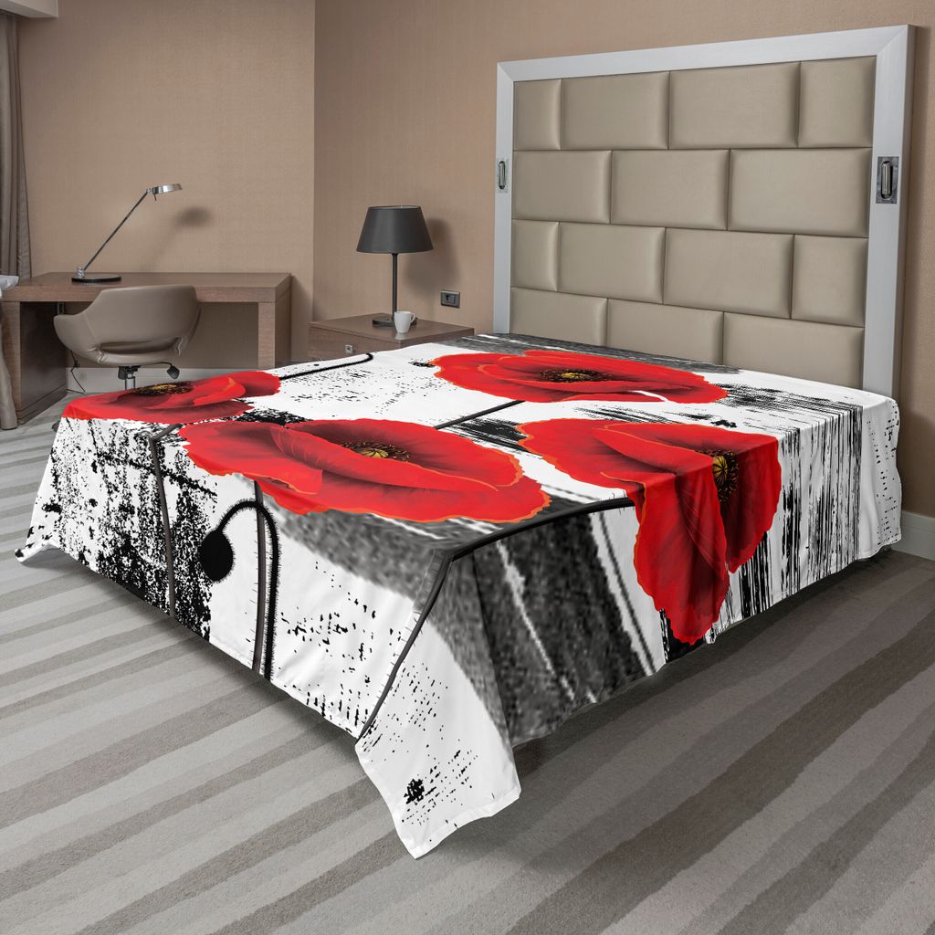 ABAKUHAUS Mohn Bettlaken, Zusammensetzung von blühenden Blumen mit Grunge Pinsel Hintergrund, weiches bequemes oberes Bettlaken für ein dekorativ...