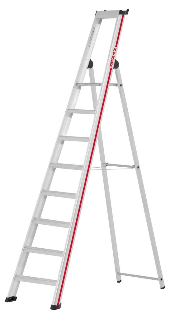 Hymer Stufenstehleiter mit Plattform, einseitig begehbar, 8 Stufen, senkr. Höhe 2,49 m, Reichhöhe 3,84 m, Gewicht 10,5 kg