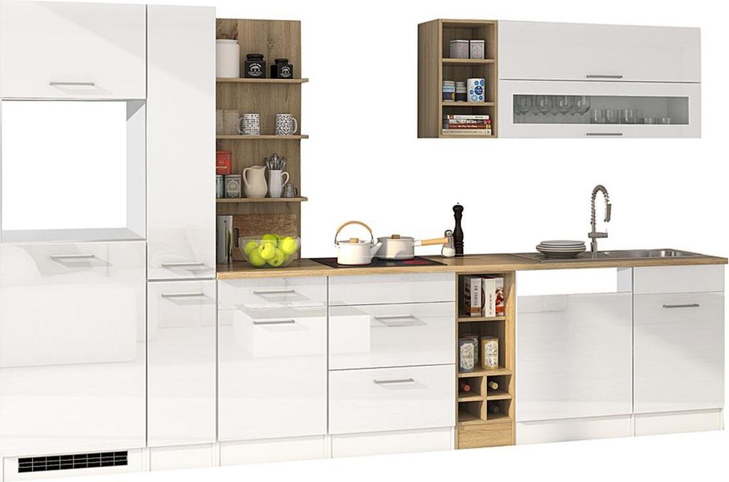 Komplett-Küche 340 cm weiß MARANELLO-03 , Weiß Hochglanz ohne E-Geräte B x H x T ca. 340 x 200 x 60cm