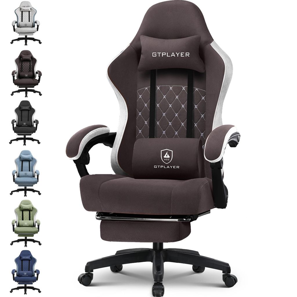A gaming chair is shown in multiple colors on the left, with a detailed view of the brown chair in the center.