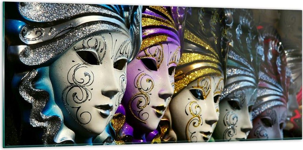 Bilder auf glas - Abstrakt Maske Feder Festival - 120x50cm - Glasbilder - Wandbilder - Kunstdruck - zum Aufhängen bereit - Wanddekoration aus Glas...