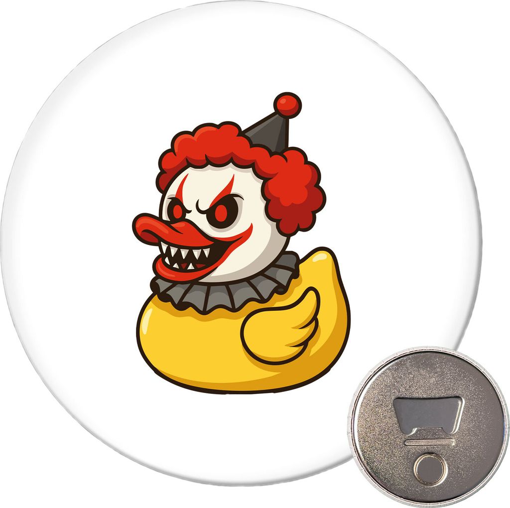 Huuraa Magnet Quietscheente Horrorclown Gummiente Gruselclown 59mm Kühlschrankmagnet rund Flaschenöffner Geschenkidee