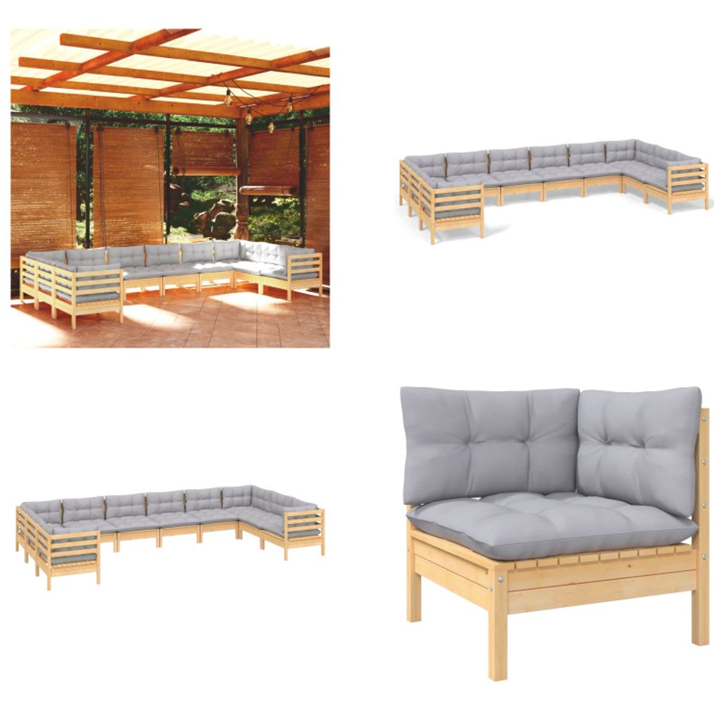 vidaXL 10 tlg. Garten Lounge Set mit Grauen Kissen Kiefernholz - Garten-Lounge-Set - Garten-Lounge-Sets - Gartenmöbel-Set - Gartenmöbel-Sets