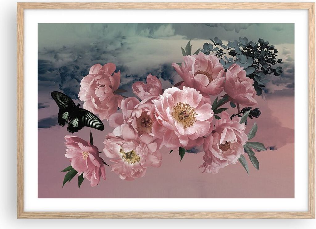 Gerahmtes Poster - Rahmen in heller Eiche - Blumen Schmetterling Wolken - 70x50 cm - Wand Bild - Wanddeko - Wandbilder - Kunstposter - Wandposter -...