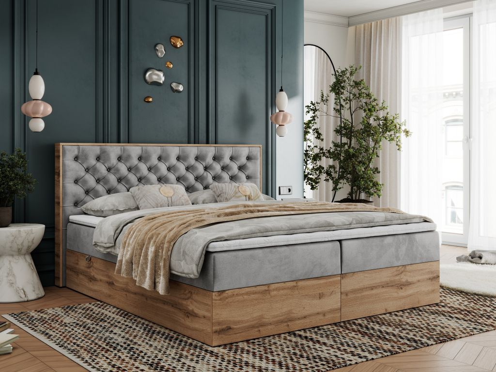 Boxspringbett, Deko, Doppelbett, Polsterbett mit Bettkästen und Multipocket-Matratze, Eiche Wotan holzrahmen - Albero-3 - 180x200cm - Hellgrau Vel...