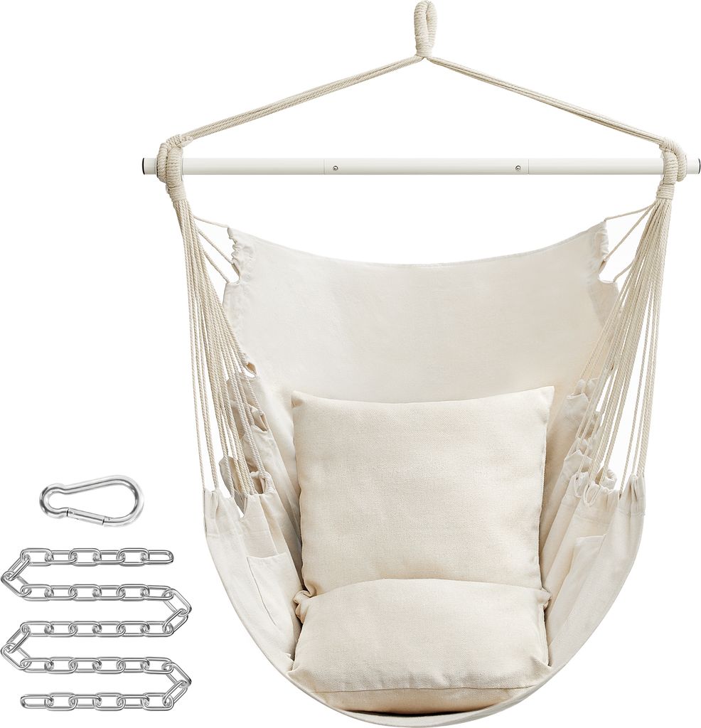 A cream-colored hanging chair with two cushions, a metal chain, and a carabiner clip, all on a white background.