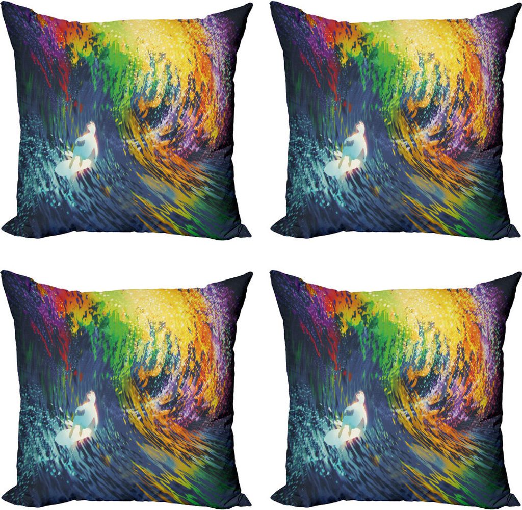 ABAKUHAUS Modern Kissenbezug Set (4 Stück), Exotische Surfer auf Wellen, Moderner Doppelseitiger Digitaldruck, 45 cm x 45 cm, Mehrfarbig