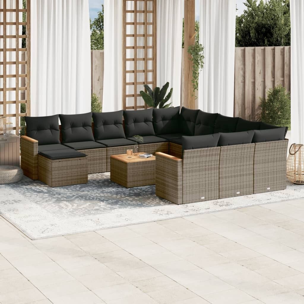 Design 13-tlg. Garten-Sofagarnitur mit Kissen Grau Poly Rattan, Gartenmöbel-Sets 2024 Neu