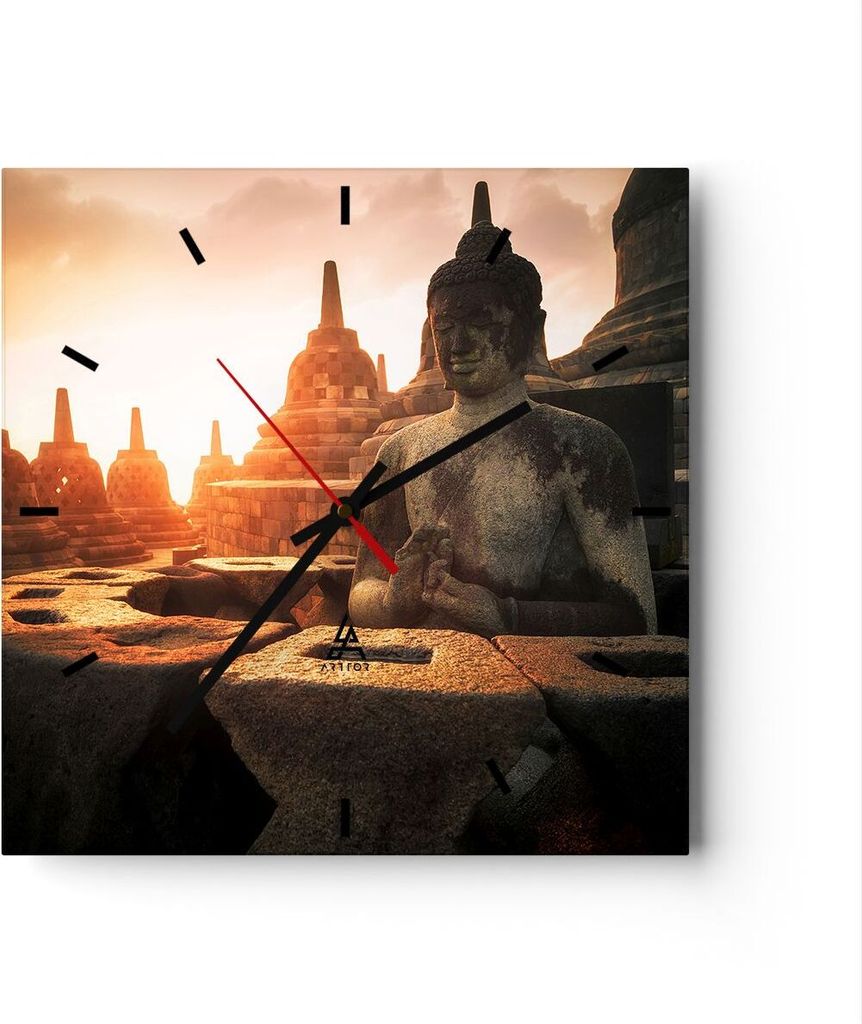 Wanduhr - Quadrat - Glasuhr - Buddha Glaube Asien - 30x30cm - Schleichendes Uhrwerk - Lautlos - zum Aufhängen bereit - Dekoration Modern - Wanddek...