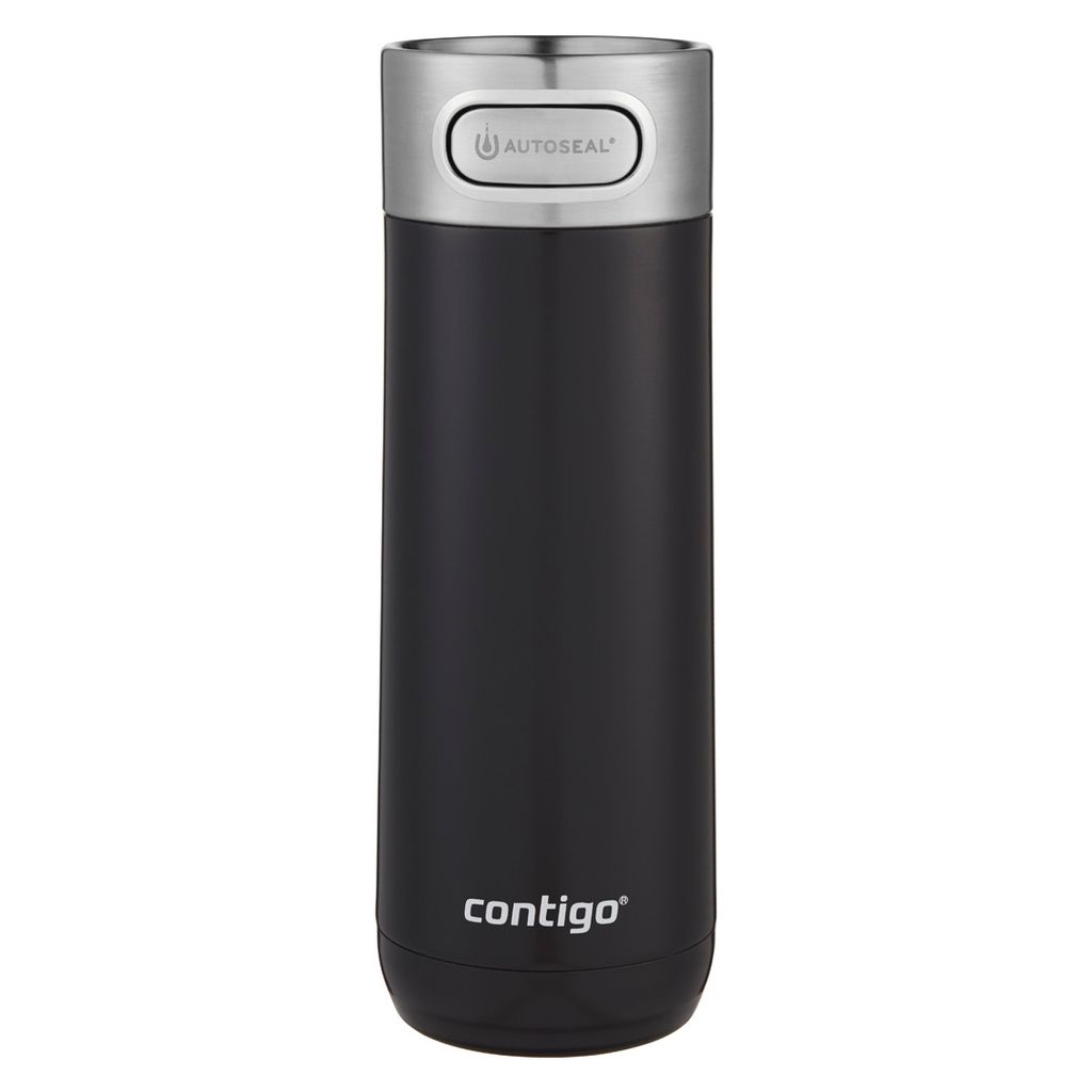 A black Contigo Autoseal thermobecher with a silver lid.