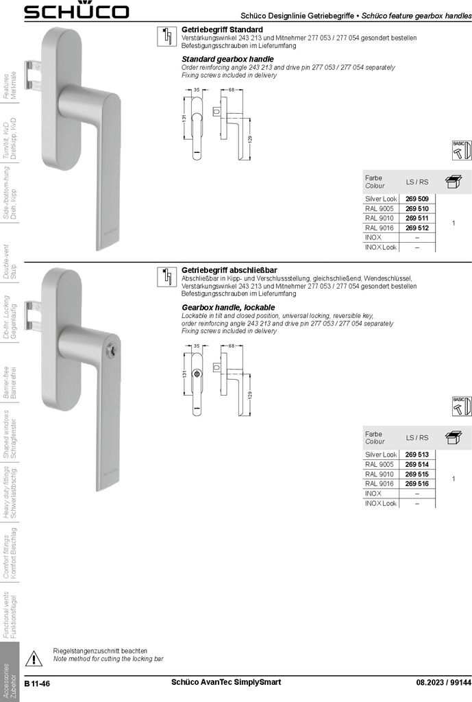Schüco Fenstergriff Drehgetriebe Alu RAL 9016 weiß 269512 (Nachfolger von 214788)