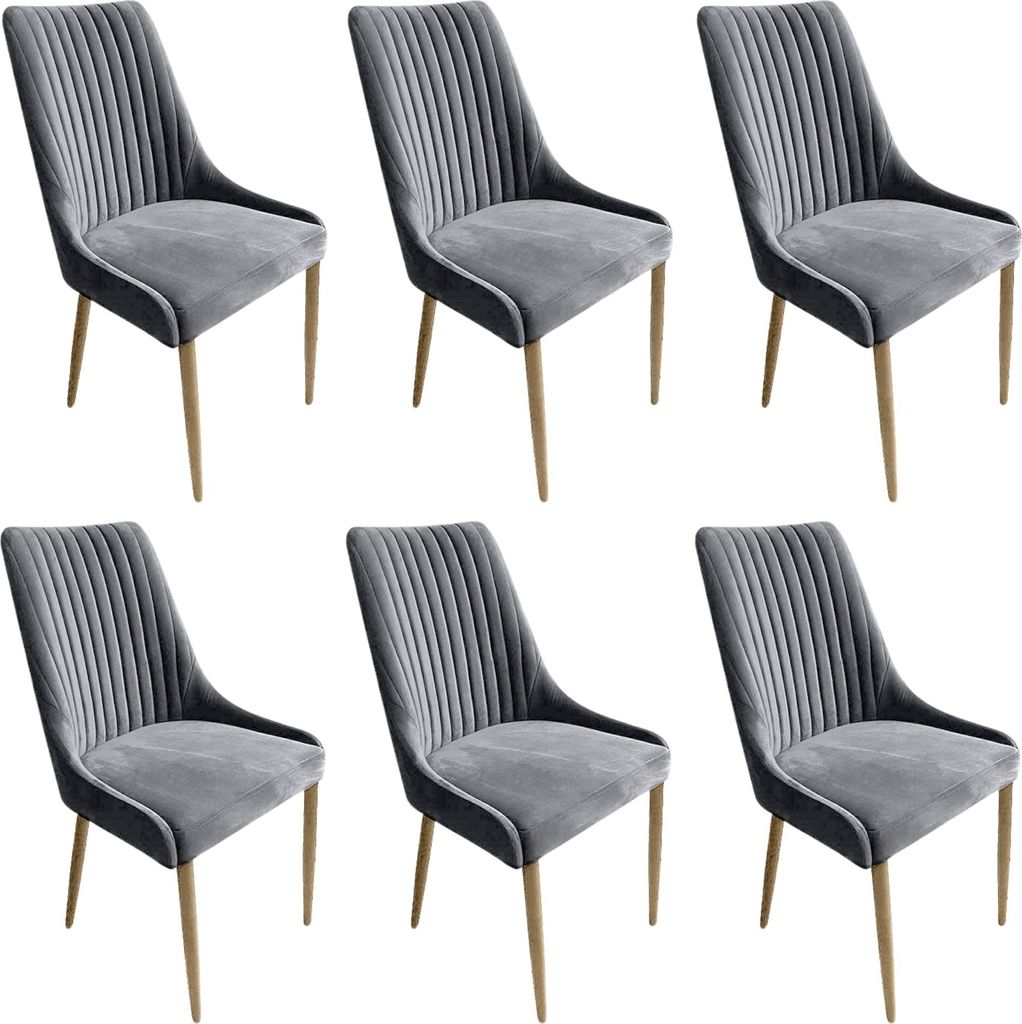 Meble Ares 6er Set Esszimmerstühle MASSIMO - 48 x 52 x 100 cm Esstisch Stühle - Stühle Esszimmer - Buchenholz, Samt Grau - Holz