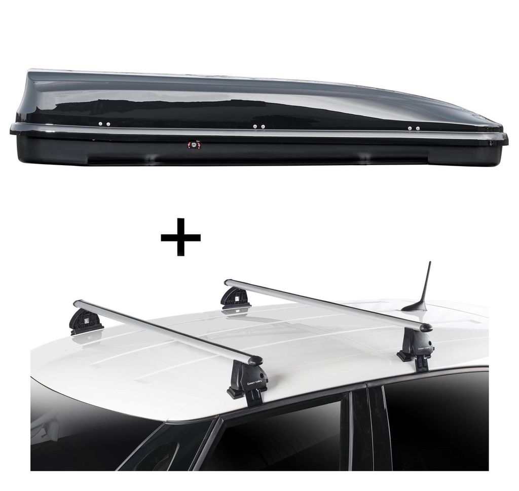 Dachbox VDPFL460 460 Liter schwarz glänzend + Dachträger VDP EVO ALU kompatibel mit für VW Polo IV (9N) 3 Türer 2001-2009