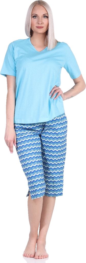 Cooler Damen Capri Pyjama mit 3/4 Capri Shorts, Schlafanzug im Ethno-Style ; blau , 36-38