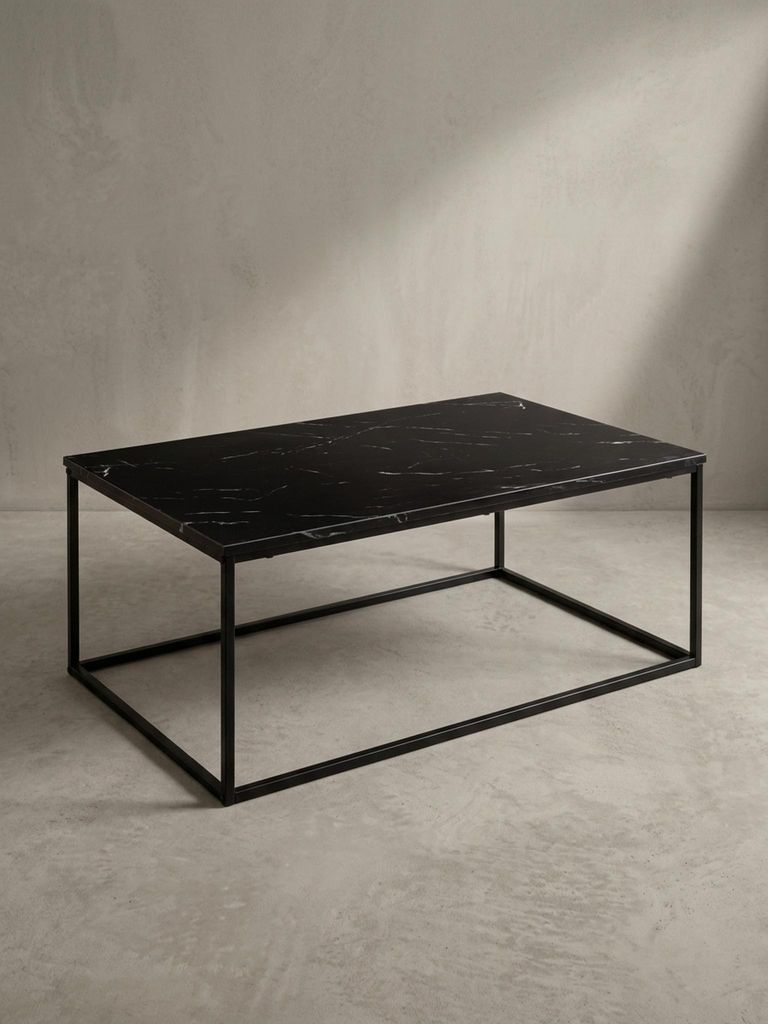 Couchtisch in Marmor-Optik mit Metallbeine, rechteckig - Serie "Marbrix". Schwarz, 100x60x40 cm | Kadima Design