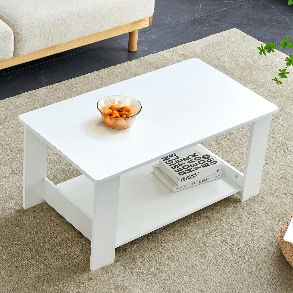 Table basse blanche anti-encombrement avec plateau décor bois