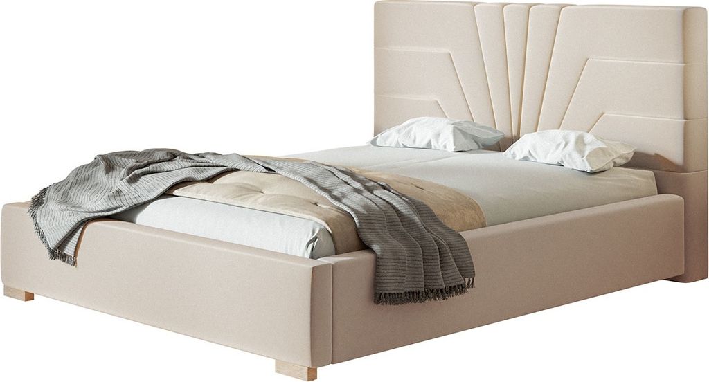 Polsterbett ATHENE mit Kopfteil, 180x200 cm, Doppelbett mit Bettkasten und Lattenrost aus Holz, Velourstoff Beige