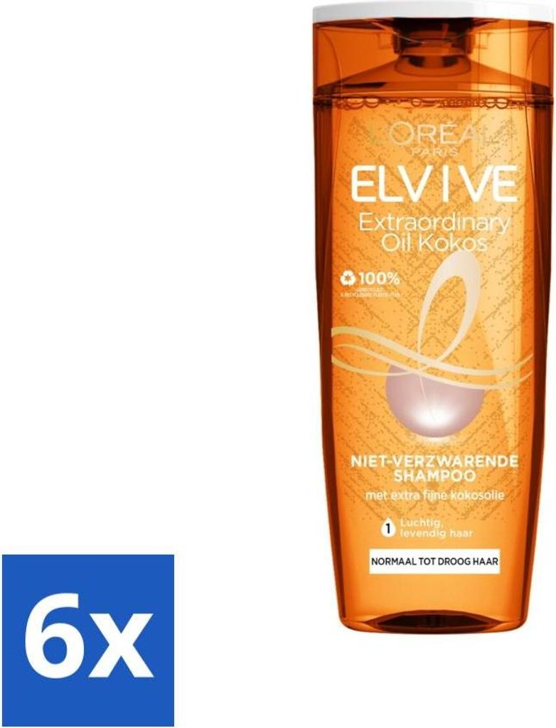L'Oréal Paris Elvive Shampoo Extraordinary Oil Kokosöl für trockenes Haar 250 ml - Vorteilspack - 6 Stücke